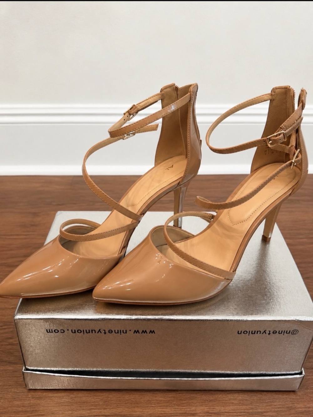 ALDO Nude Patent Ankle Strap Pointed Toe Heels | Size 9 | NWT